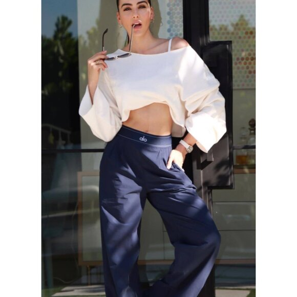 Alo Suit Up Trousers Navy High-Rise Waist Windbreaker Wide Leg Edgy Slacks Pants - Picture 7 of 10